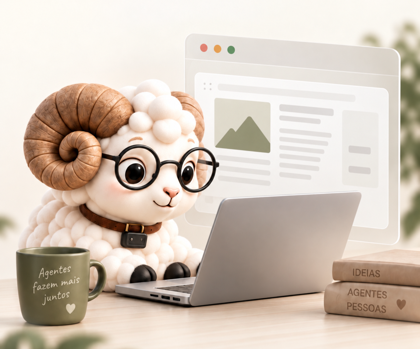Nico, o mascote do RAM, trabalhando em um laptop com um navegador ilustrativo ao fundo